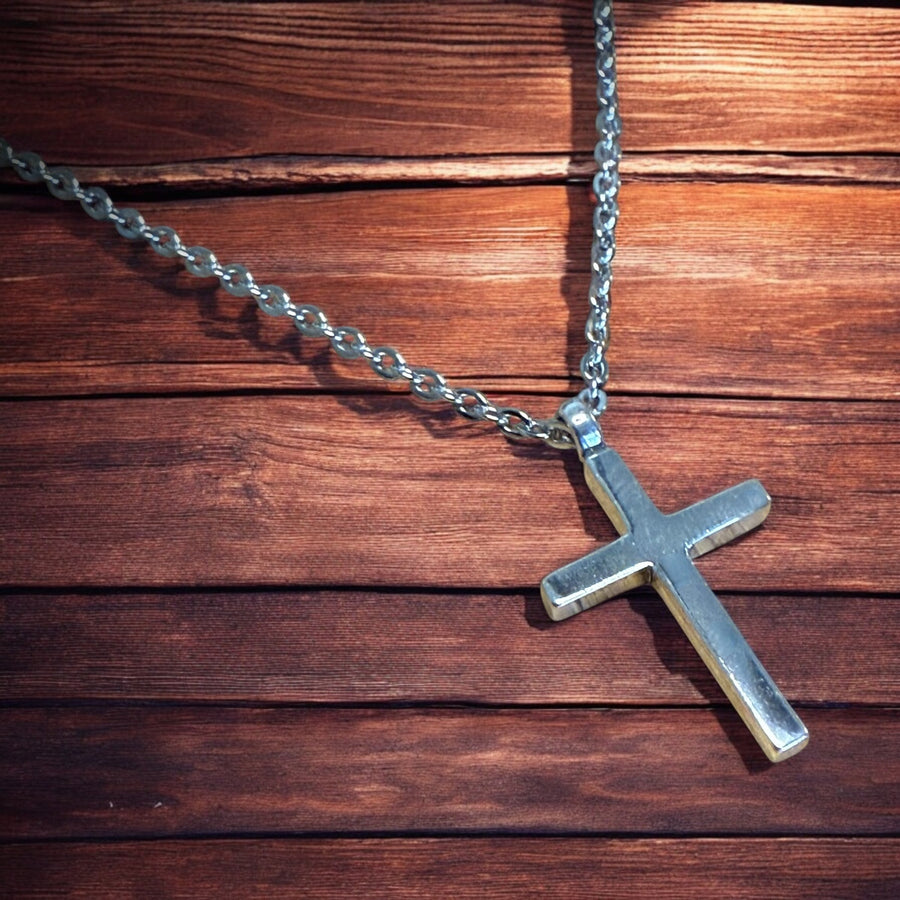 Close view of Classic Cross pendant on chain