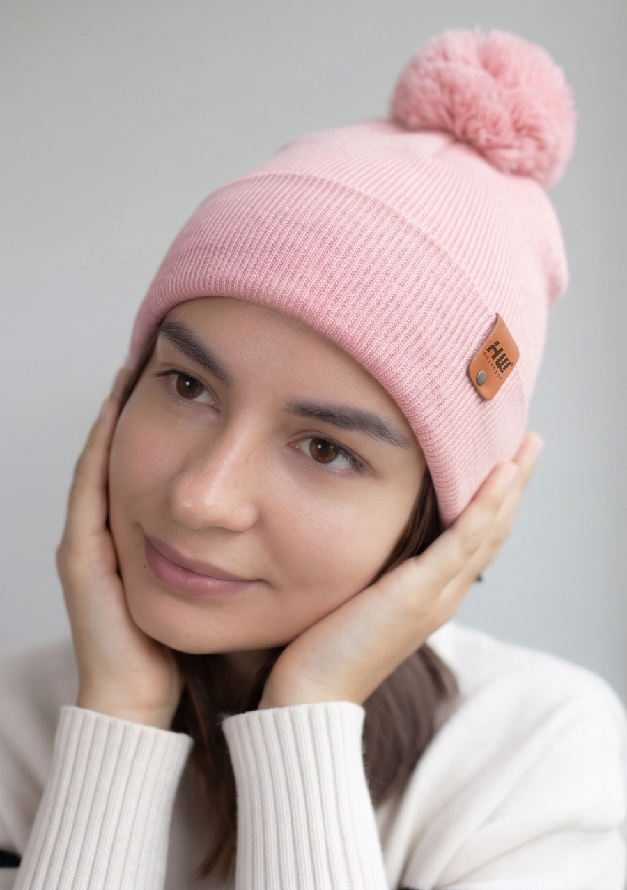 Classic Cuffed Pom Pom Beanie, Pearl Pink