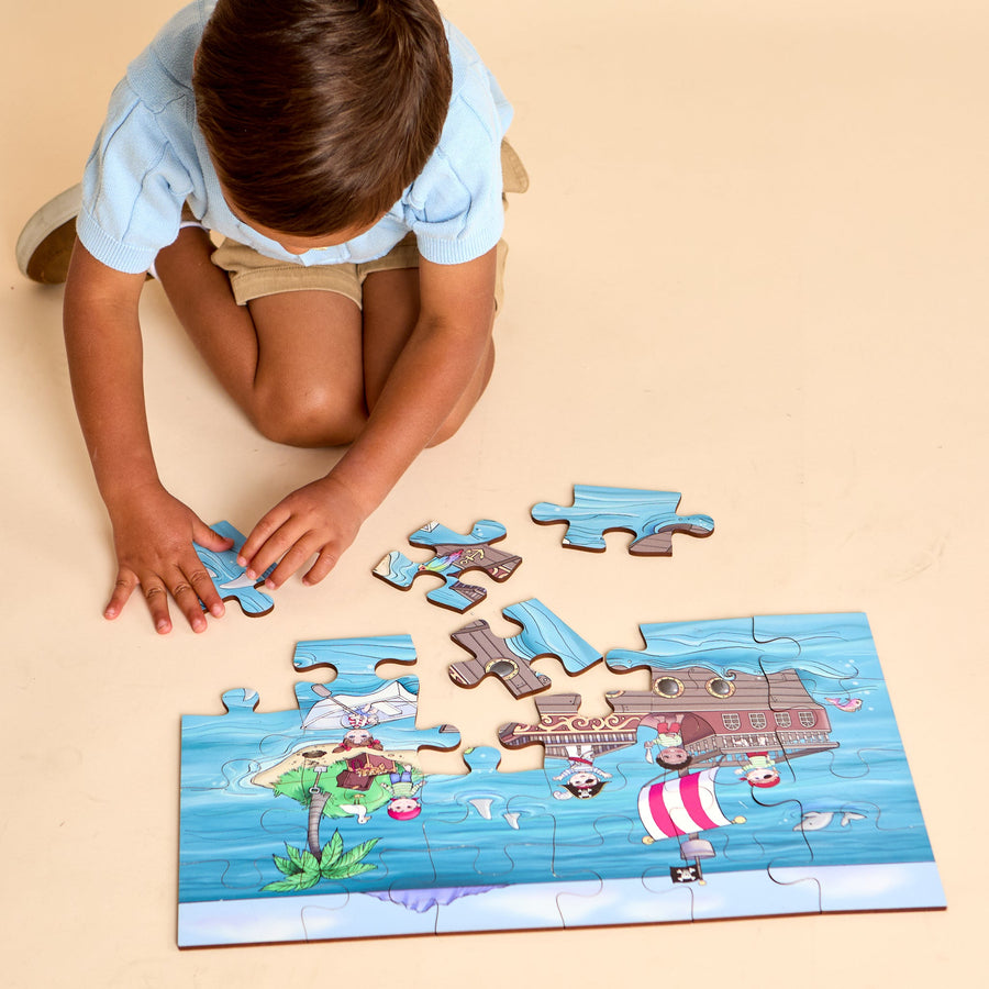 Child fitting illustrated pieces into a wooden-style jigsaw puzzle