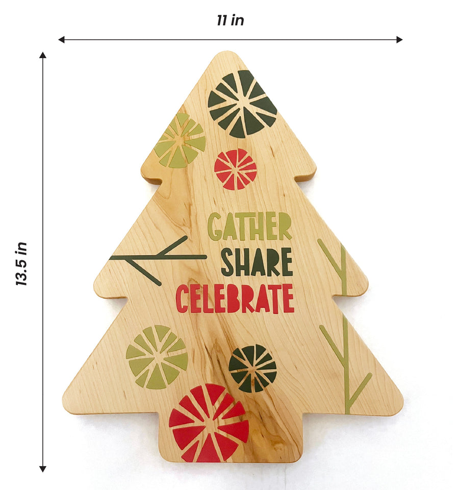 Printed Christmas Tree Maple Wood Serving Board with dimension annotations