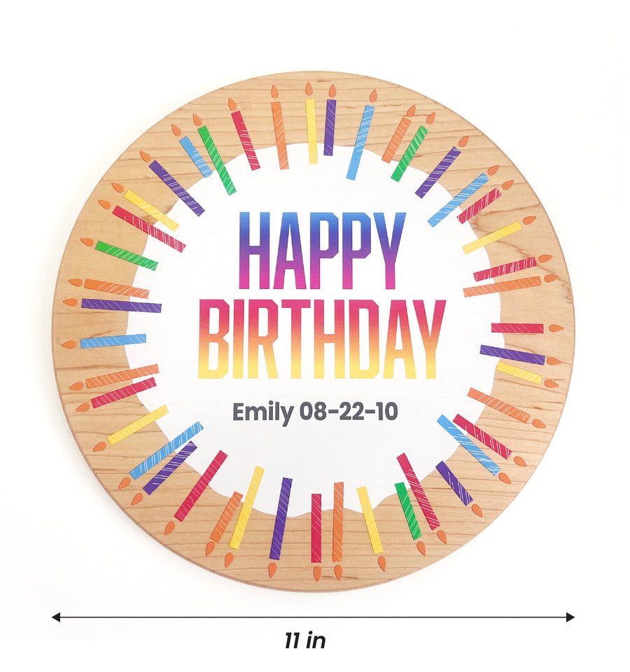 Happy Birthday Maple Wood Serving Board with dimension annotations