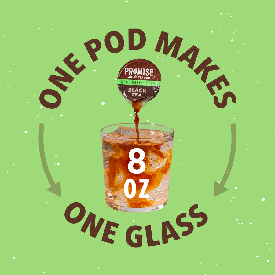 Graphic showing one black tea pod makes an 8 oz glass