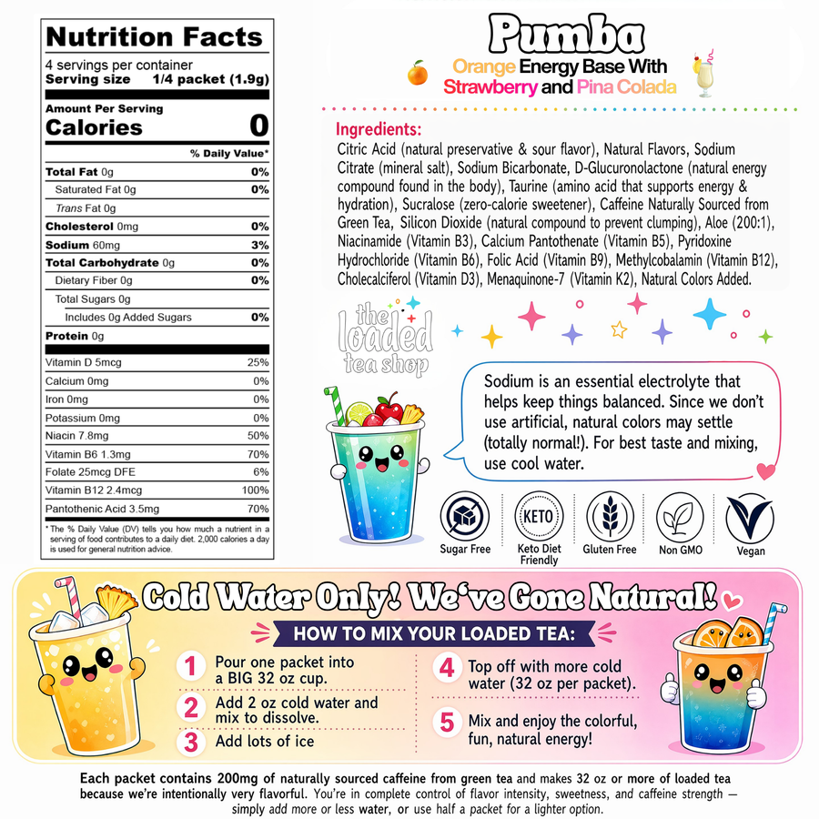 Pumba loaded tea nutrition and ingredient label