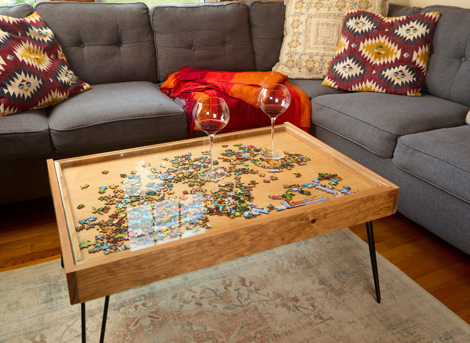 Rustic Puzzle Coffee Table with removable glass top - includes 2 hidden drawers - 24x36"