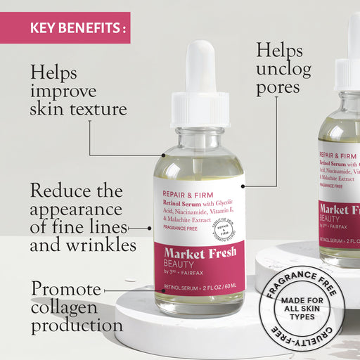 Market Fresh Beauty Retinol Repair & Firm Serum with Niacinamide, Glycolic, Ferulic Acid | Fragrance-Free | 2 fl oz