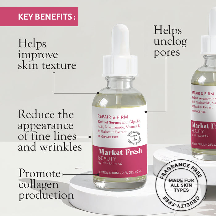 Market Fresh Beauty Retinol Repair & Firm Serum with Niacinamide, Glycolic, Ferulic Acid | Fragrance-Free | 2 fl oz