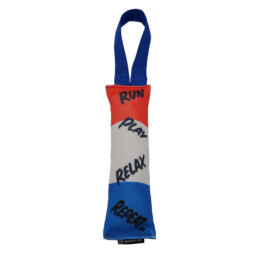 Run Play Relax Repeat fire hose dog tug with blue handle
