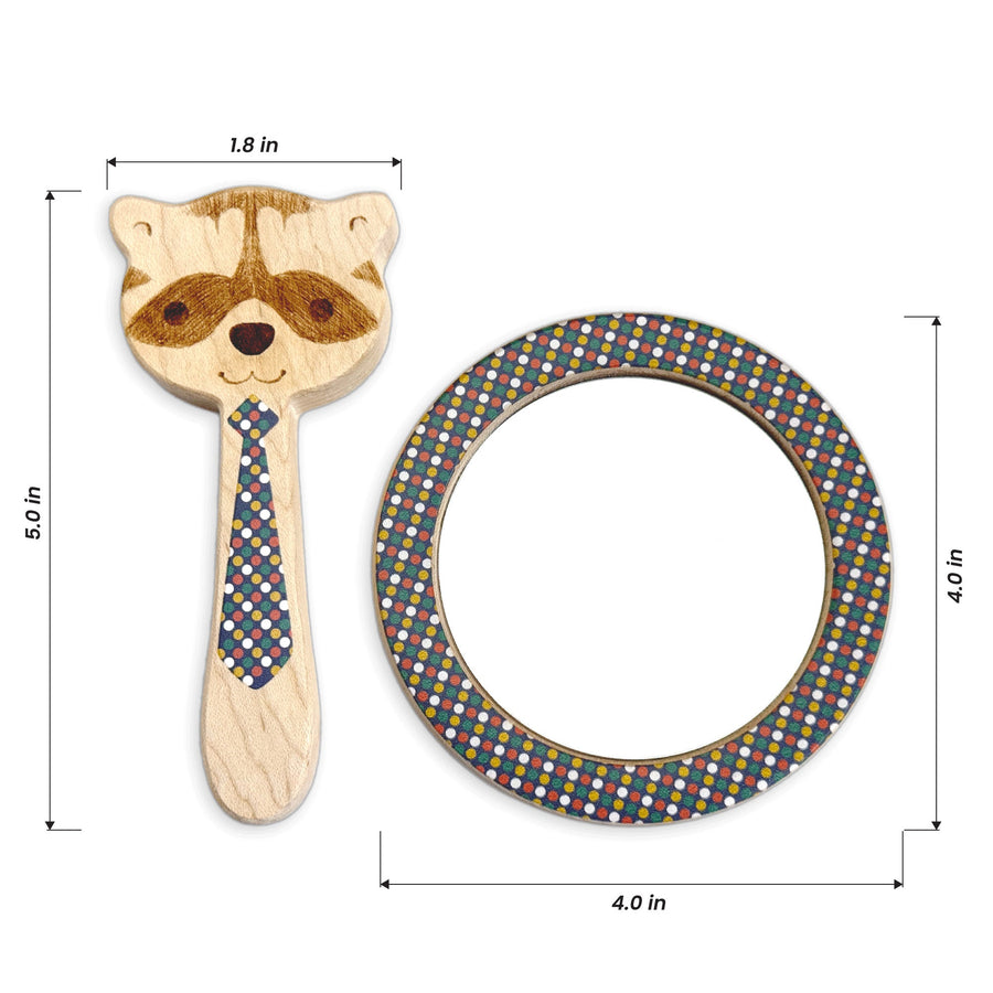 Wooden animal rattle and coordinating round discovery mirror with dimension annotations