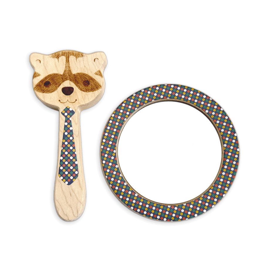 Raccoon Maple Wood Rattle & Matching Mirror Set