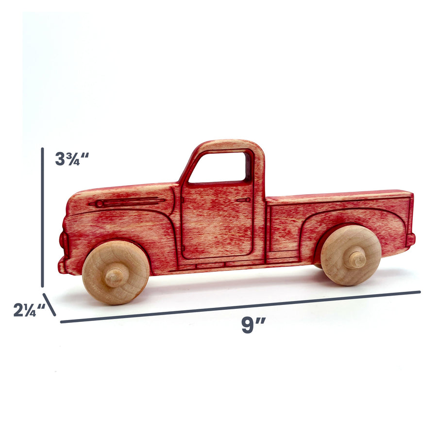 Vintage Red Maple Toy Pickup Truck, 9 in. with dimension annotations