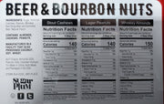 Nutrition facts for Beer & Bourbon Nuts, including Stout Cashews, Lager Peanuts, and Whiskey Almonds, from Sugar Plum.
