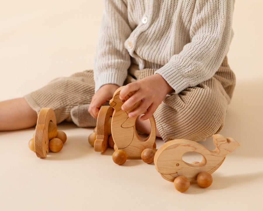 Children exploring wooden animal push toys with spherical wheels
