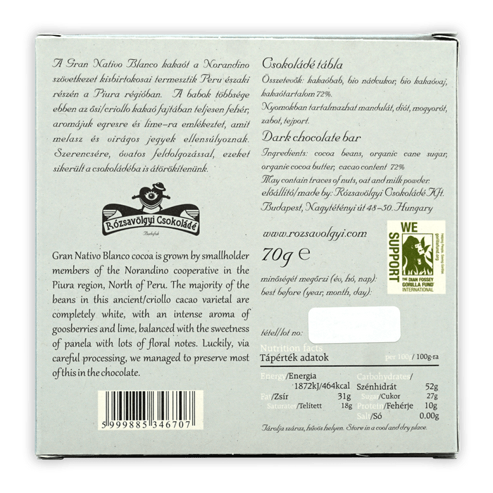Rózsavölgyi Csokoládé Gran Nativo Blanco, Peru 72% by Farm2Me