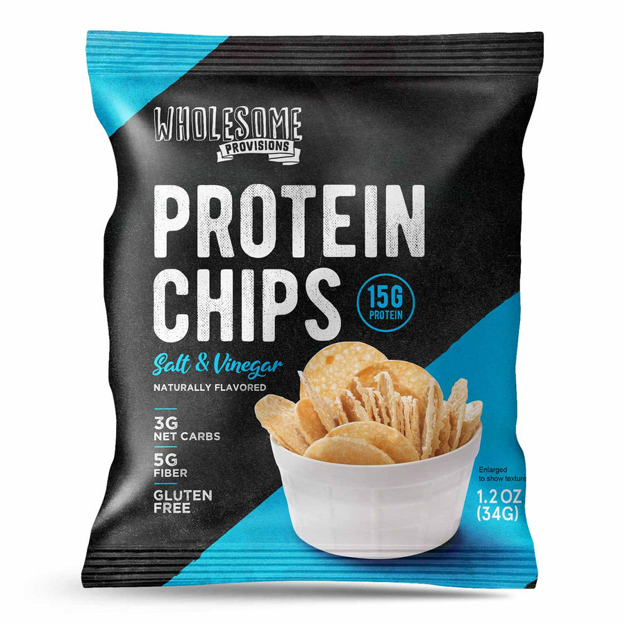 Sea Salt & Vinegar Protein Chips: Sea Salt & Vinegar chip bag.