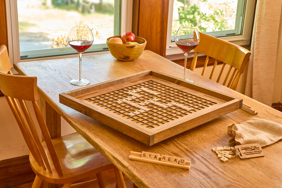 Rustic Wooden Scrabble Board with Rotating Lazy Susan - letter tiles and tile holders included. 100% Made in the USA