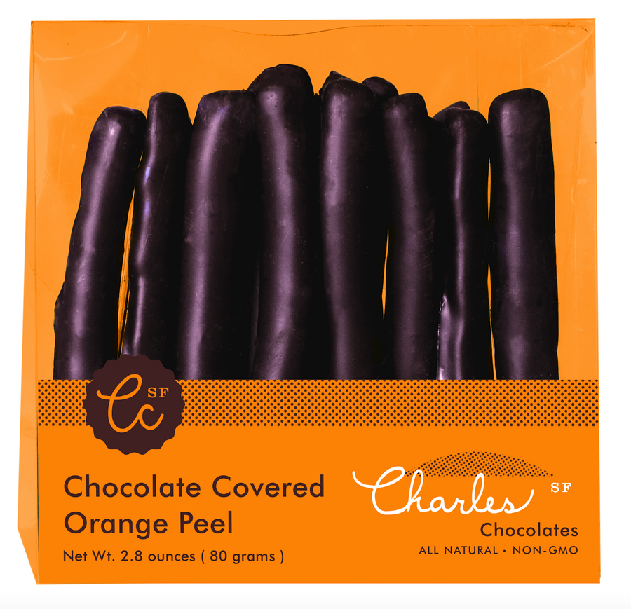 Package of dark chocolate-covered Valencia orange peel strips