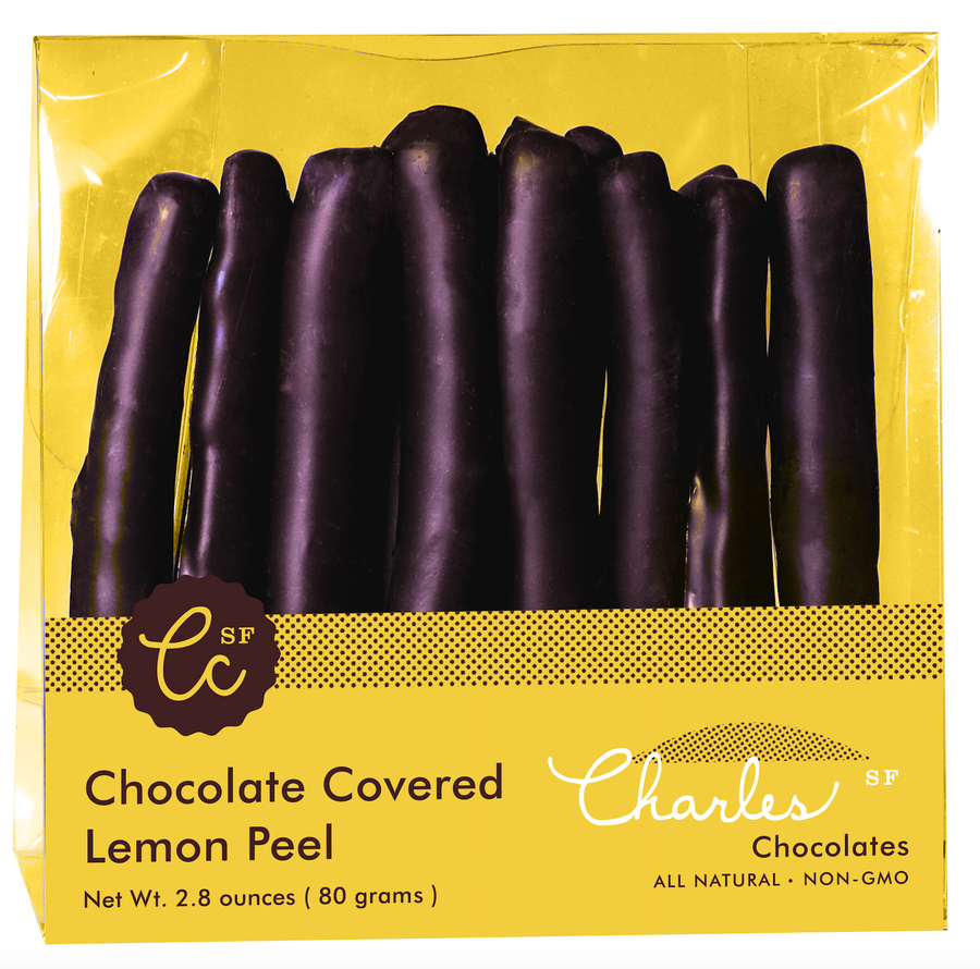 Package of dark chocolate-covered candied lemon peel strips