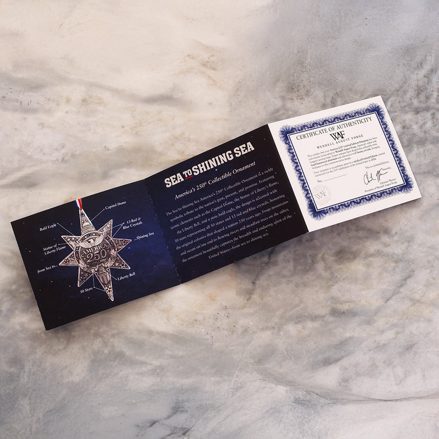 Product information card for America250 Sea to Shining Sea Ornament (Bronze and Crystals)