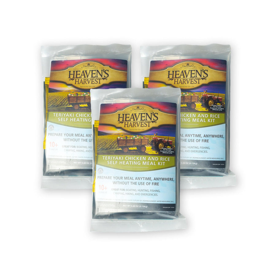 Three Teriyaki Chicken and Rice self-heating meal kits