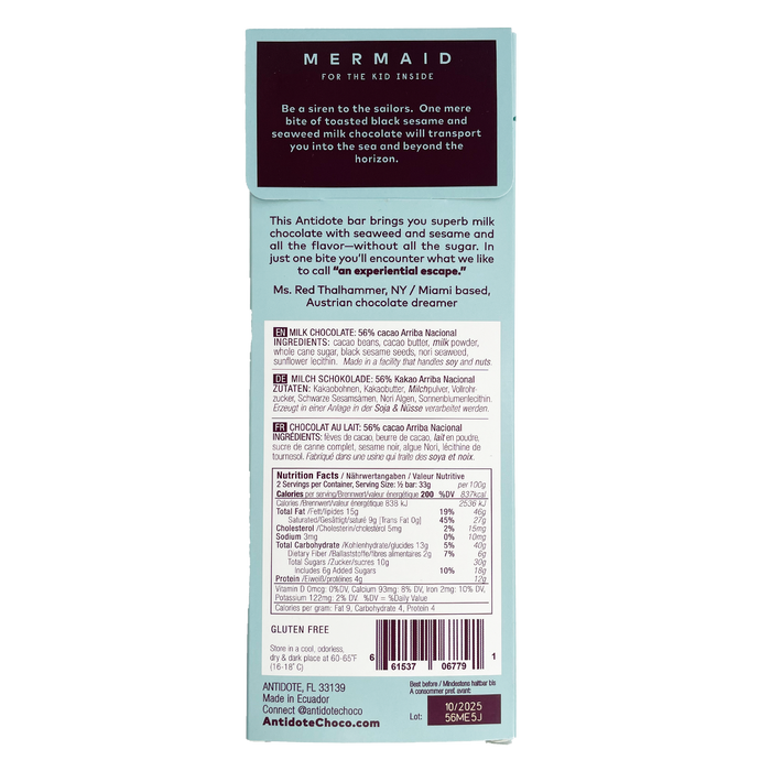 Antidote Chocolate MERMAID: SEAWEED + BLACK SESAME MILK CHOCOLATE 56% - 12 Bars by Farm2Me