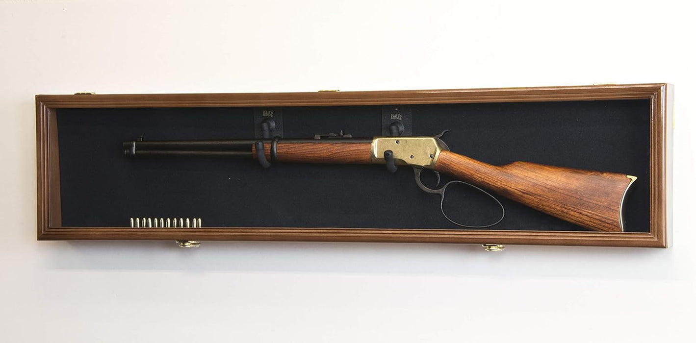 Single Rifle Display Case Wall Rack Cabinet w/ UV Protection - Lockable, Walnut