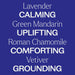 Sleep Easy Essential Oil Blend Set key features. Lavender essential oil is calming, green mandarin essential oil is uplifting, roman chamomile essential oil is comforting, and vetiver essential oil is grounding