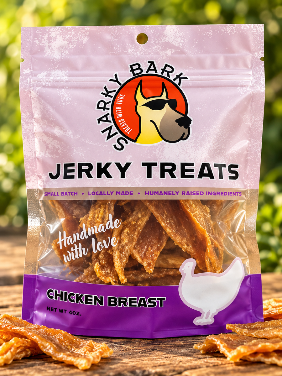Snarky Bark chicken breast jerky in a pink pouch with strips beside it
