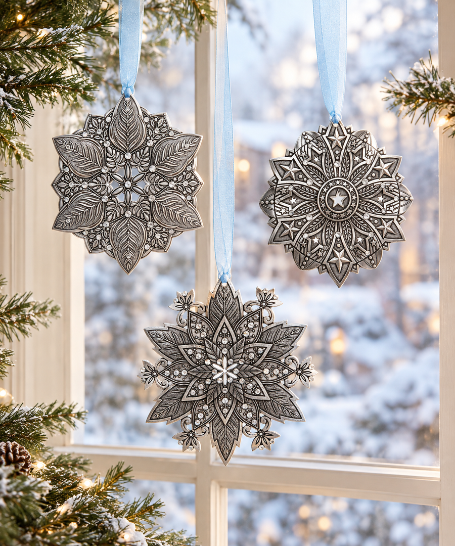 Collection display featuring Star Spangled Snow Crystal 2026 Ornament