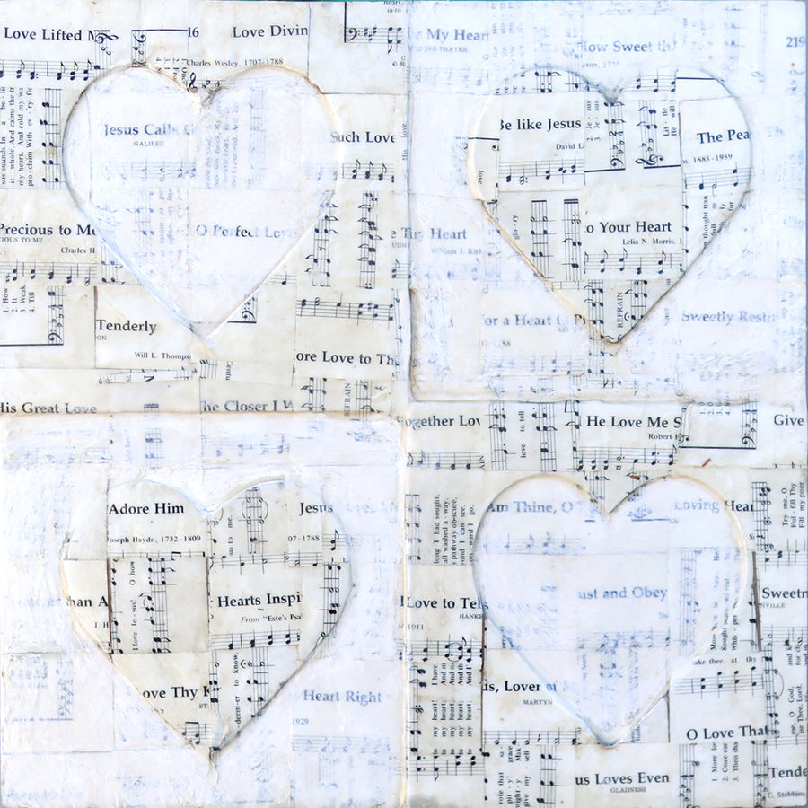 Love Hymns art print with four hearts and vintage sheet-music imagery.