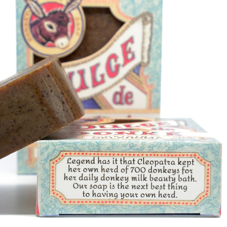Close view of spiced coffee soap and its printed box