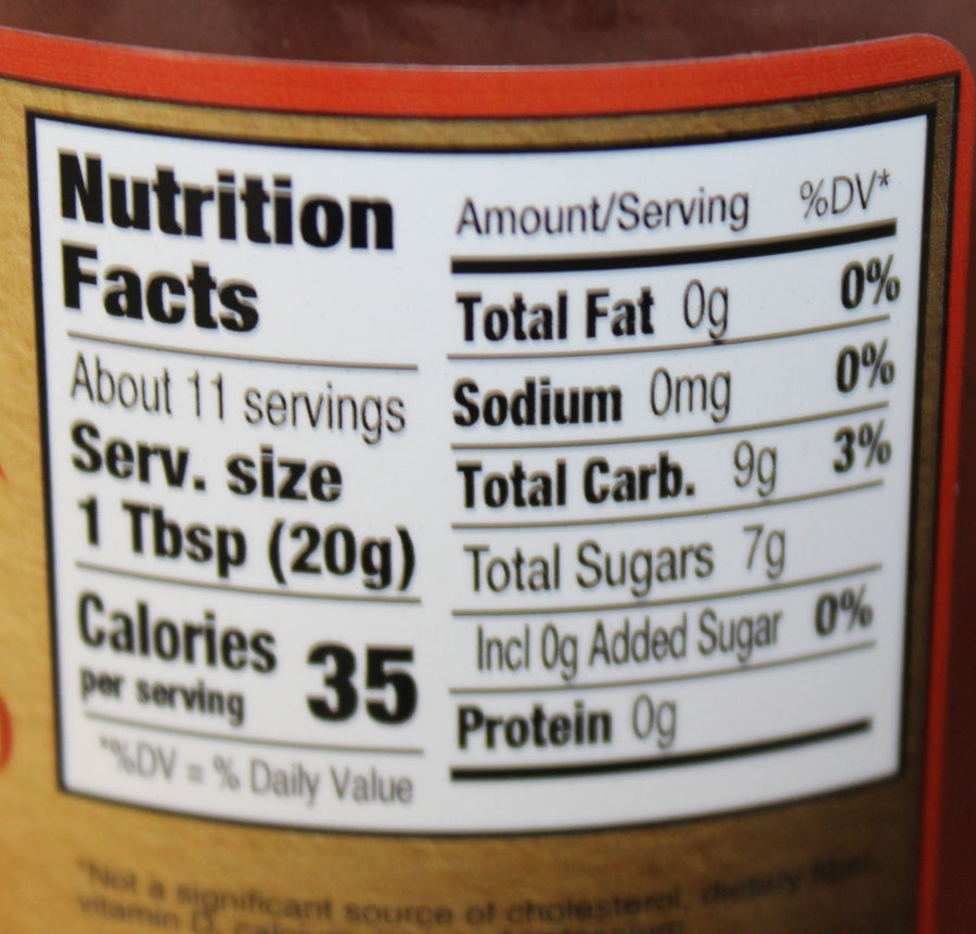Nutrition Facts panel for the 8 oz strawberry rhubarb jam.