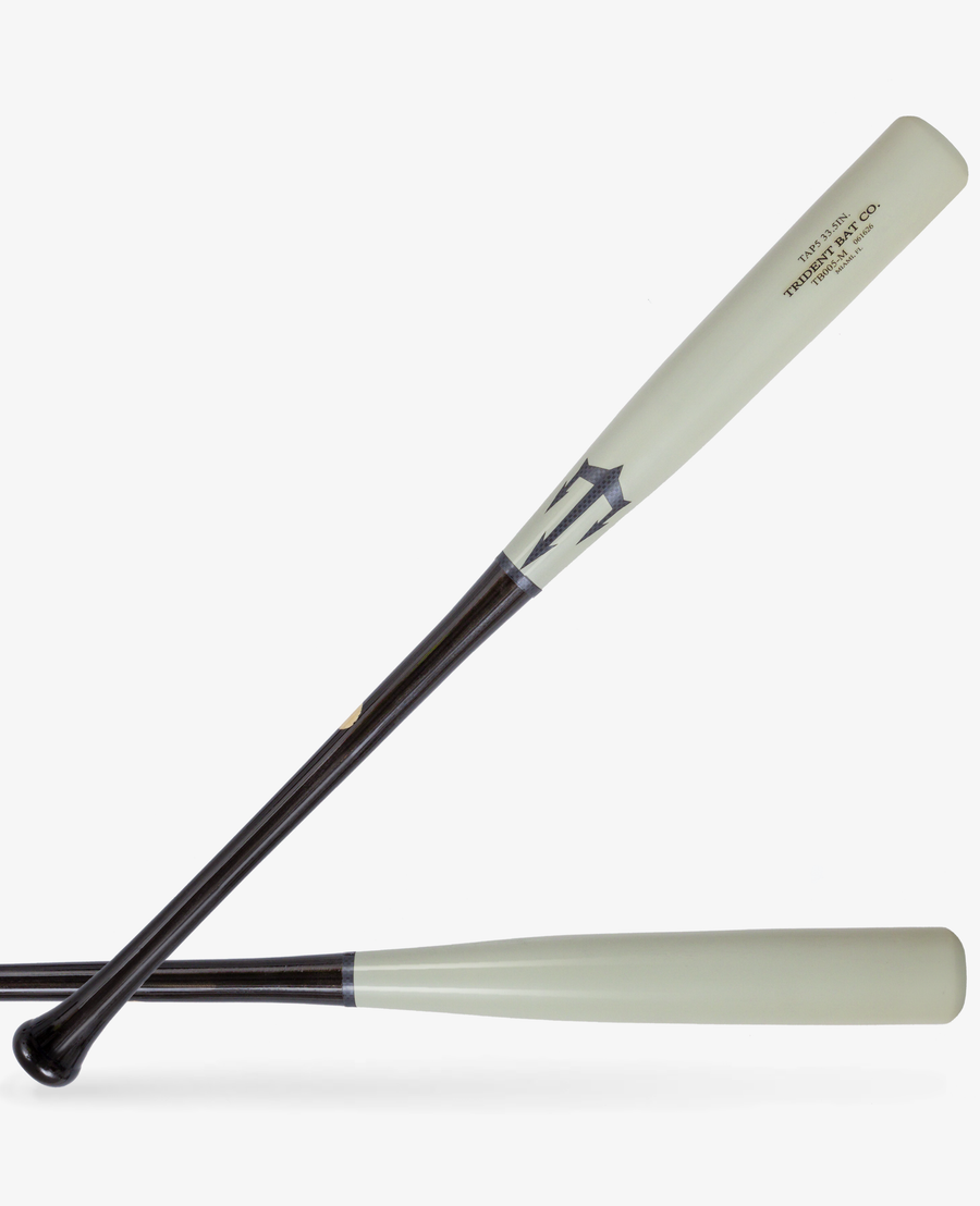 TAP5 wood baseball bat with a black handle and pale barrel shown in two views
