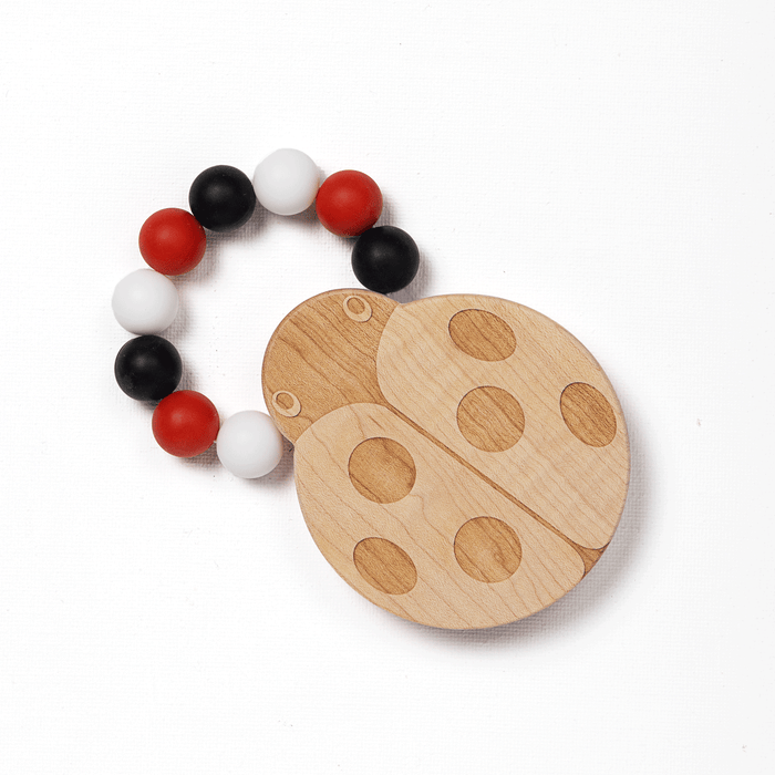 Ladybug Wood & Silicone Bead Teether with Cotton Bag