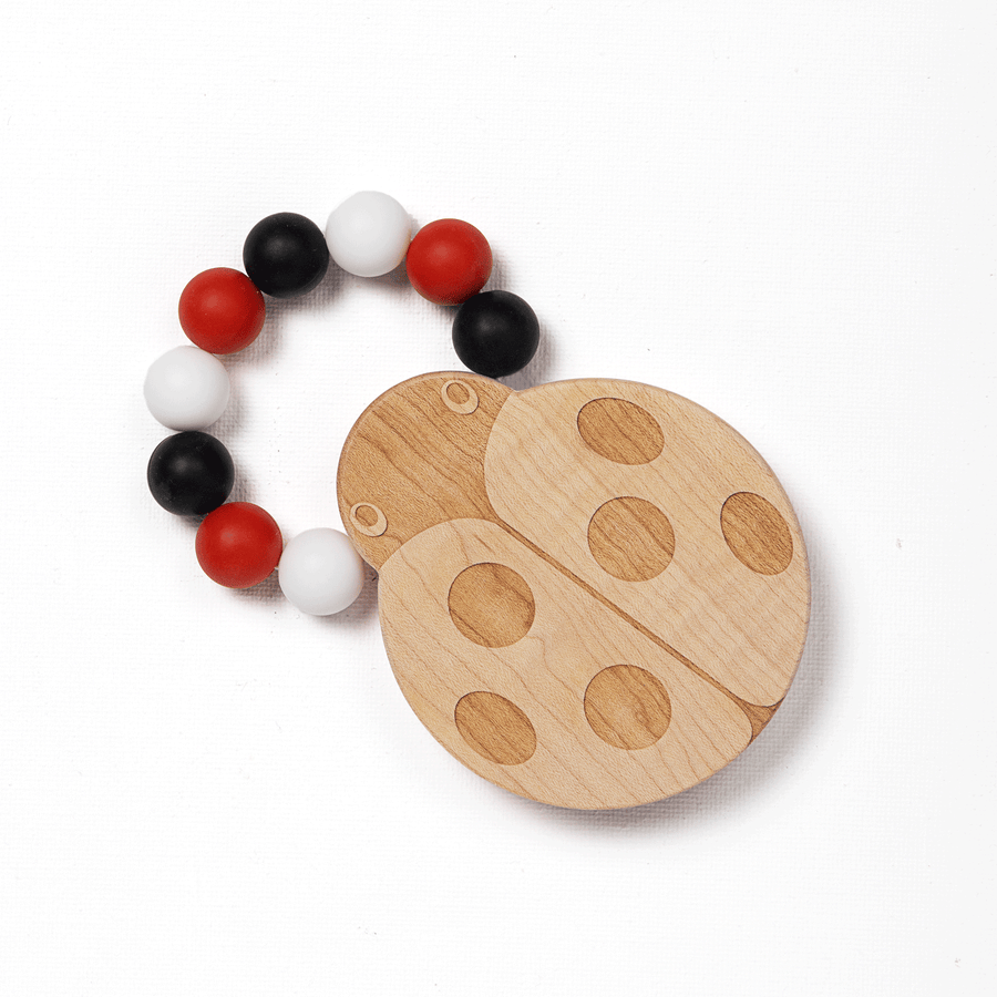 Ladybug Wood & Silicone Bead Teether with Cotton Bag