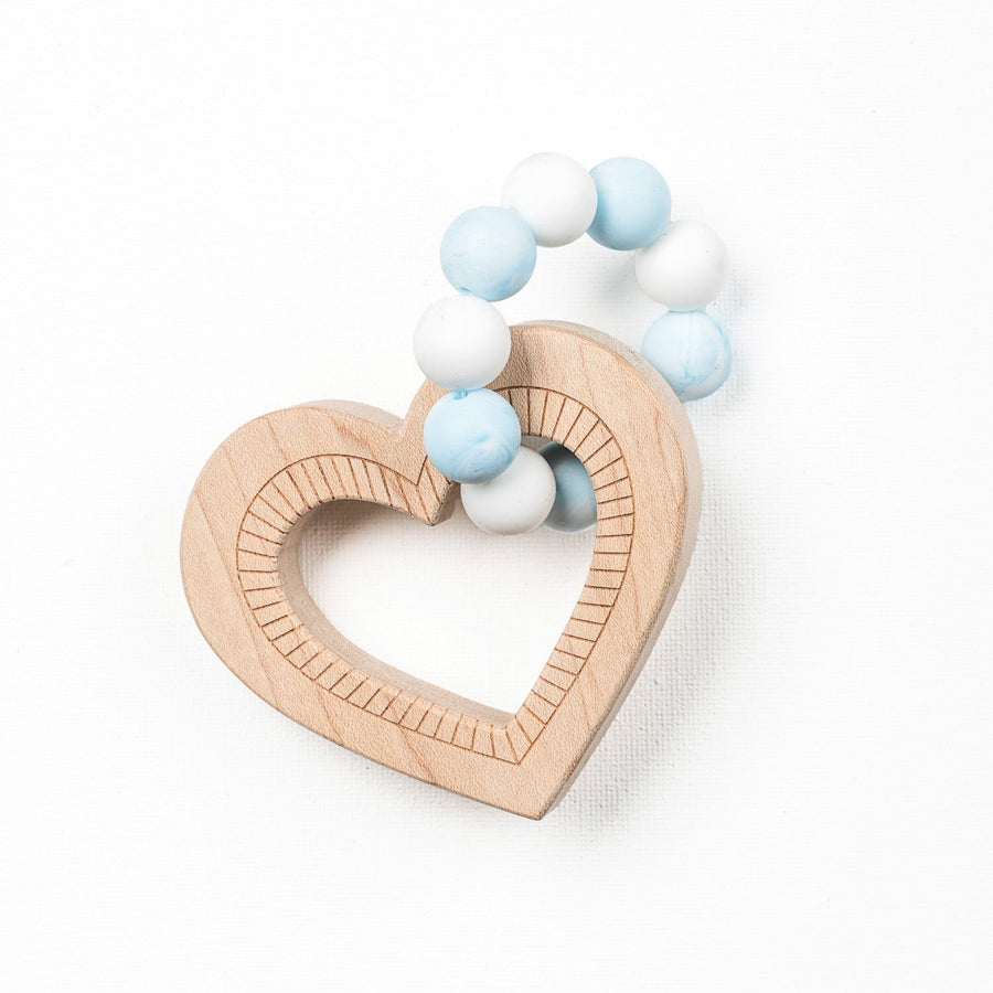 Blue Heart Wood & Silicone Bead Teether with Cotton Bag