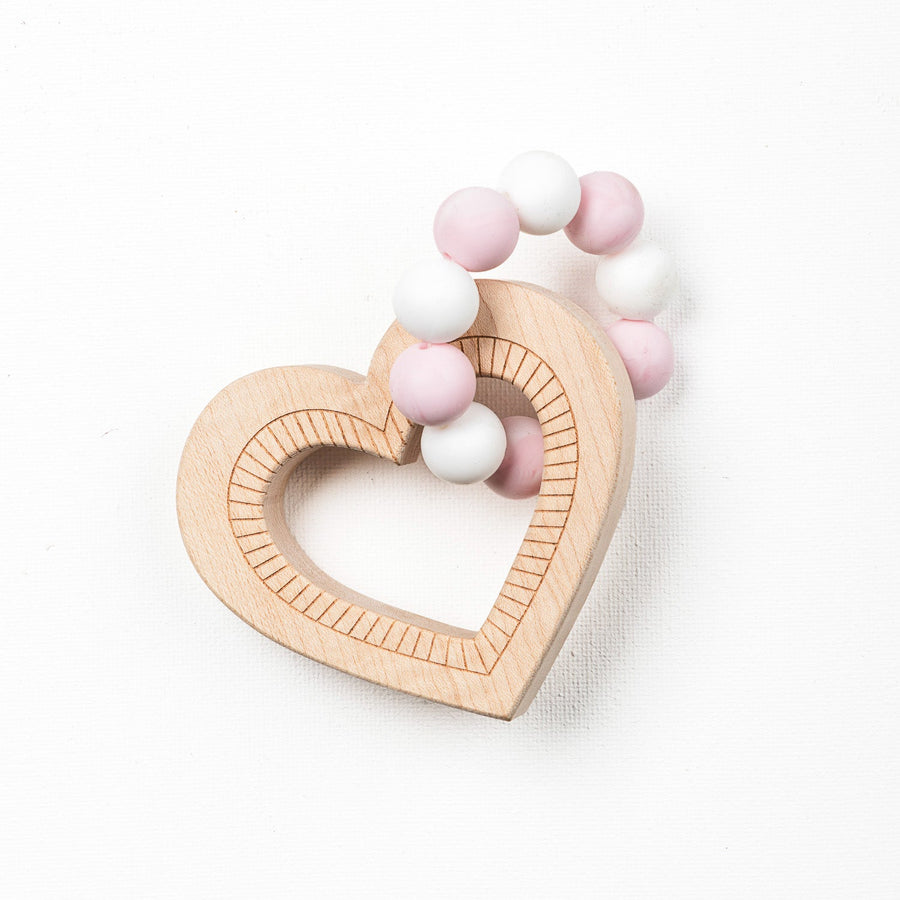 Pink Heart Wood & Silicone Bead Teether with Cotton Bag