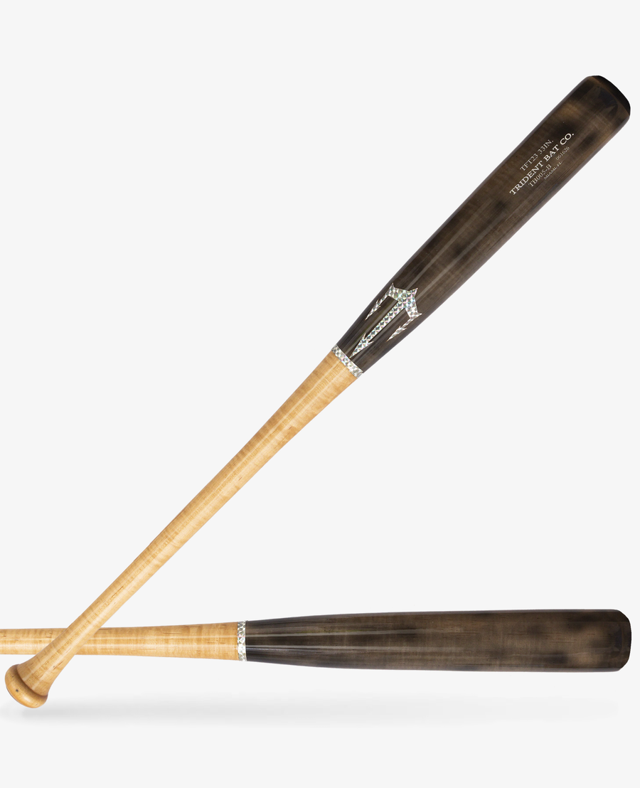 TFT-23 wood baseball bat with a natural handle and dark barrel shown in two views