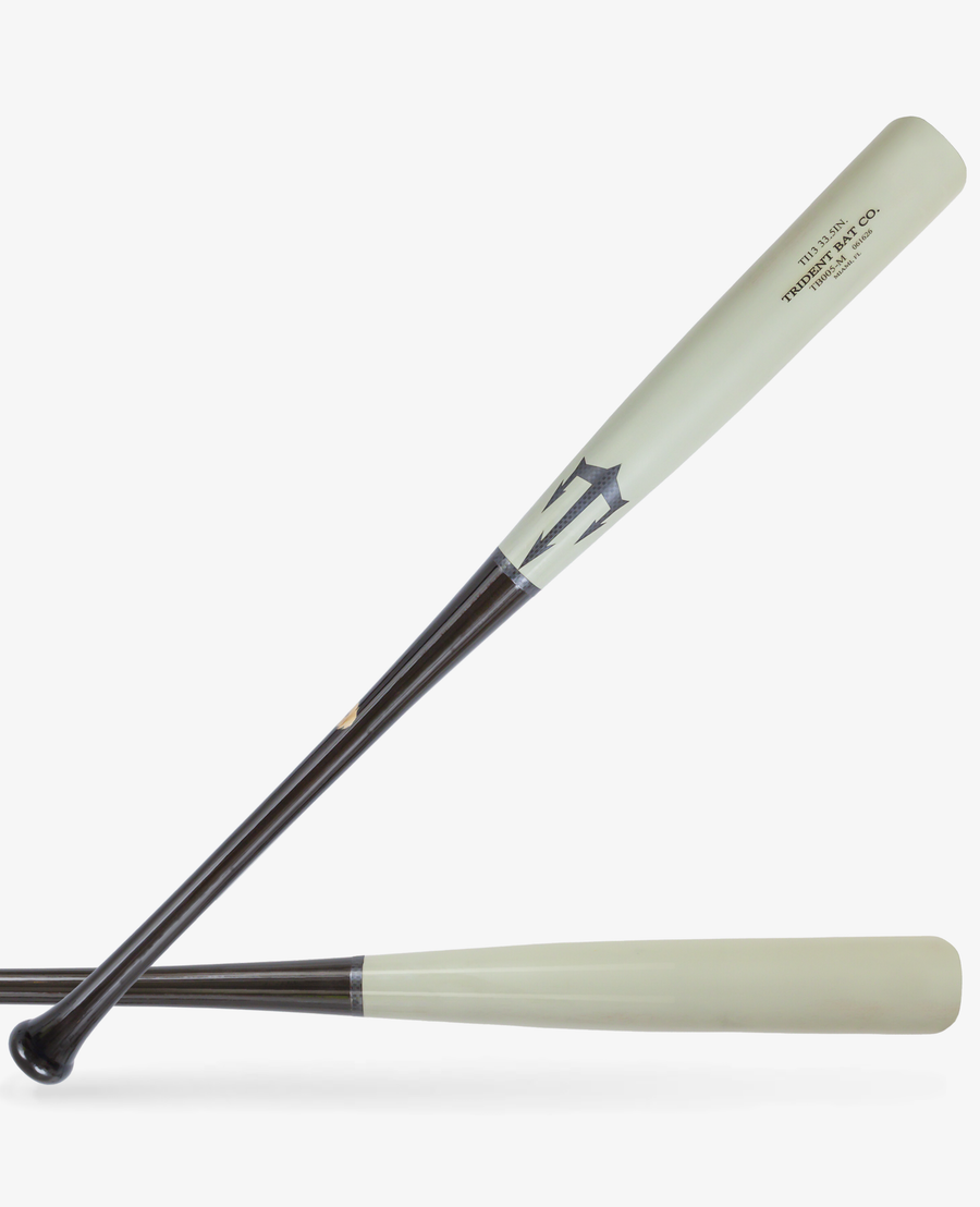 Ti13 wood baseball bat with a black handle and pale barrel shown in two views