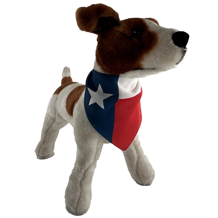 Dog model wearing a Texas flag tie-on bandana, front view
