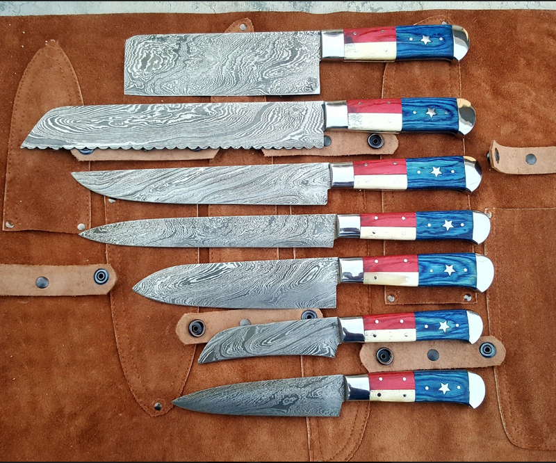 Texas Chefs 7-Piece Custom Handmade Damascus Steel Knife Set with Exotic Wood Handles & Leather Roll