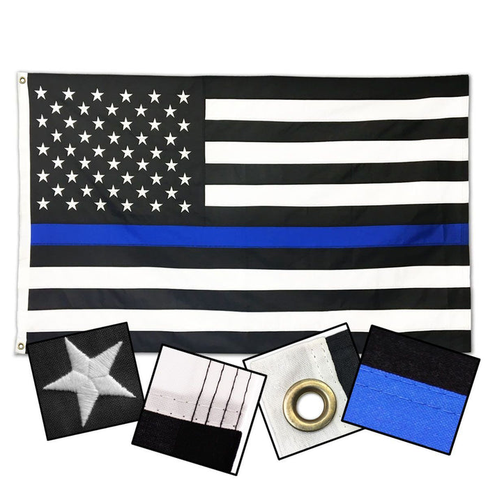 USA-made sewn Thin Blue Line American flag with embroidered 50-star design for outdoor display