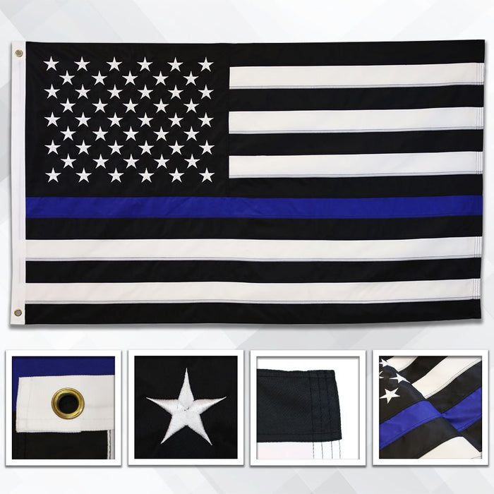 Made in USA Thin Blue Line American flag with embroidered stars and sewn black white and blue stripes