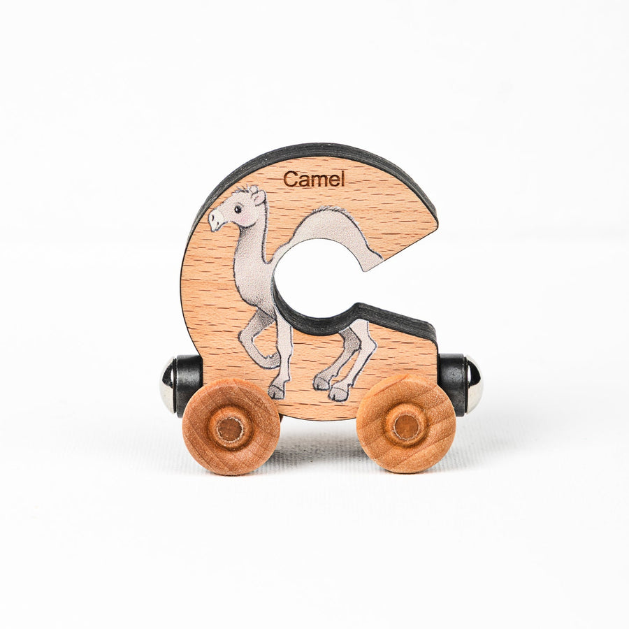 Wooden alphabet train letter C car with an animal illustration and wheels