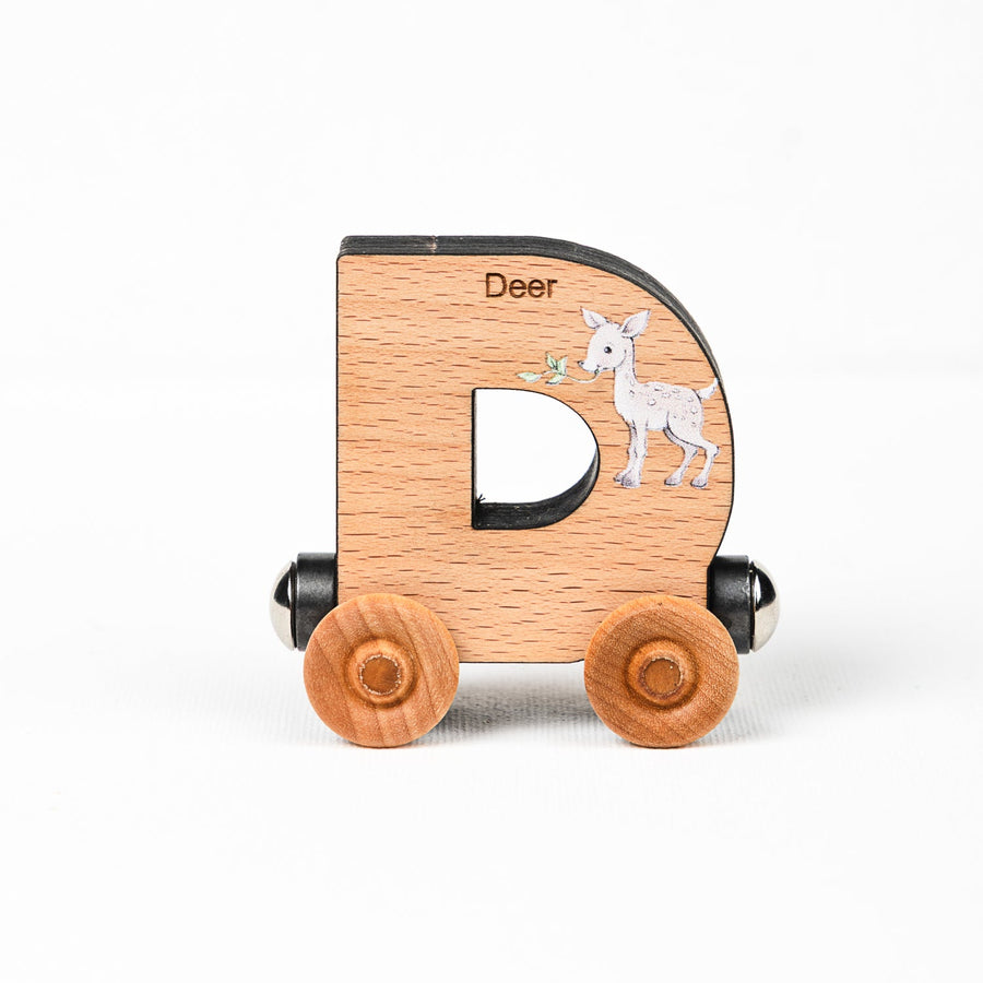 Wooden alphabet train letter D car with an animal illustration and wheels