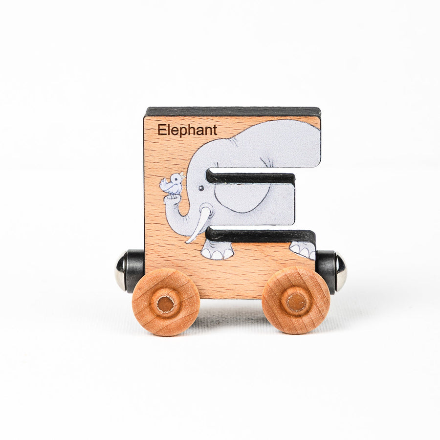 Wooden alphabet train letter E car with an animal illustration and wheels