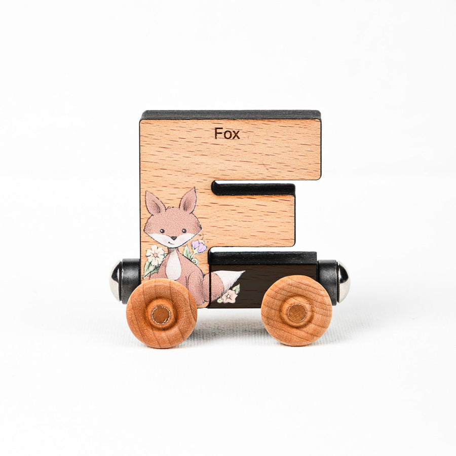 Wooden alphabet train letter F car with an animal illustration and wheels