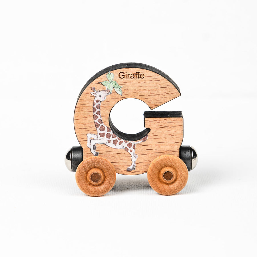 Wooden alphabet train letter G car with an animal illustration and wheels