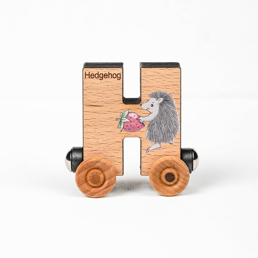 Wooden alphabet train letter H car with an animal illustration and wheels