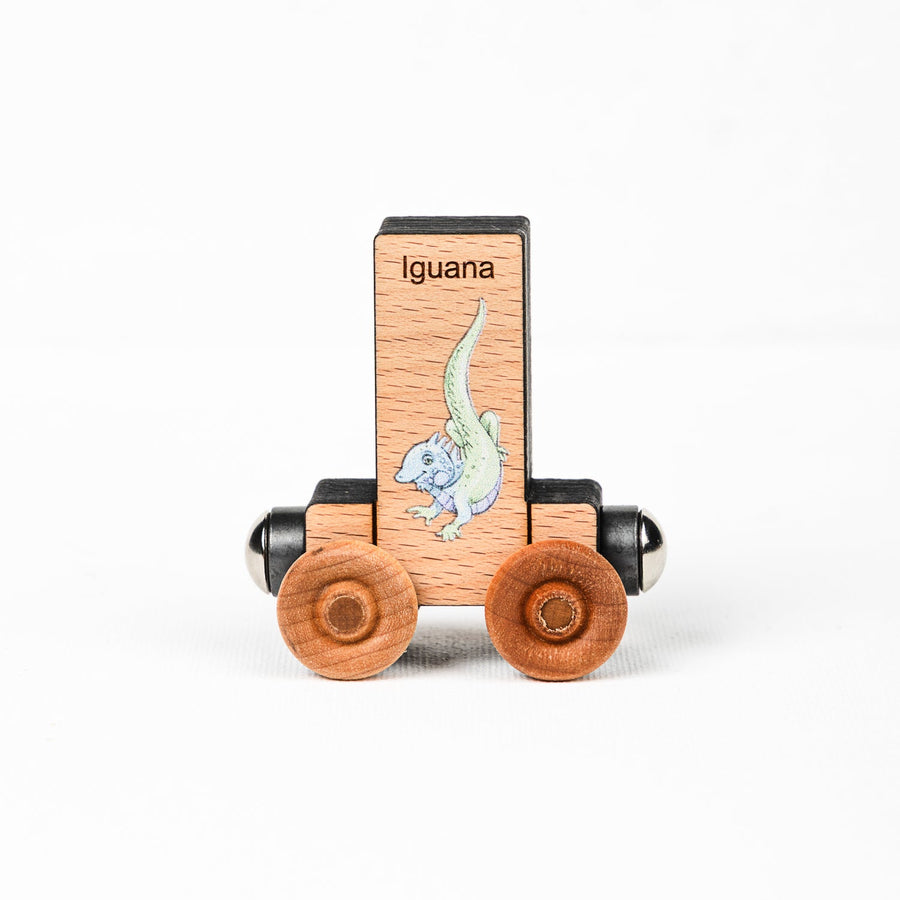 Wooden alphabet train letter I car with an animal illustration and wheels
