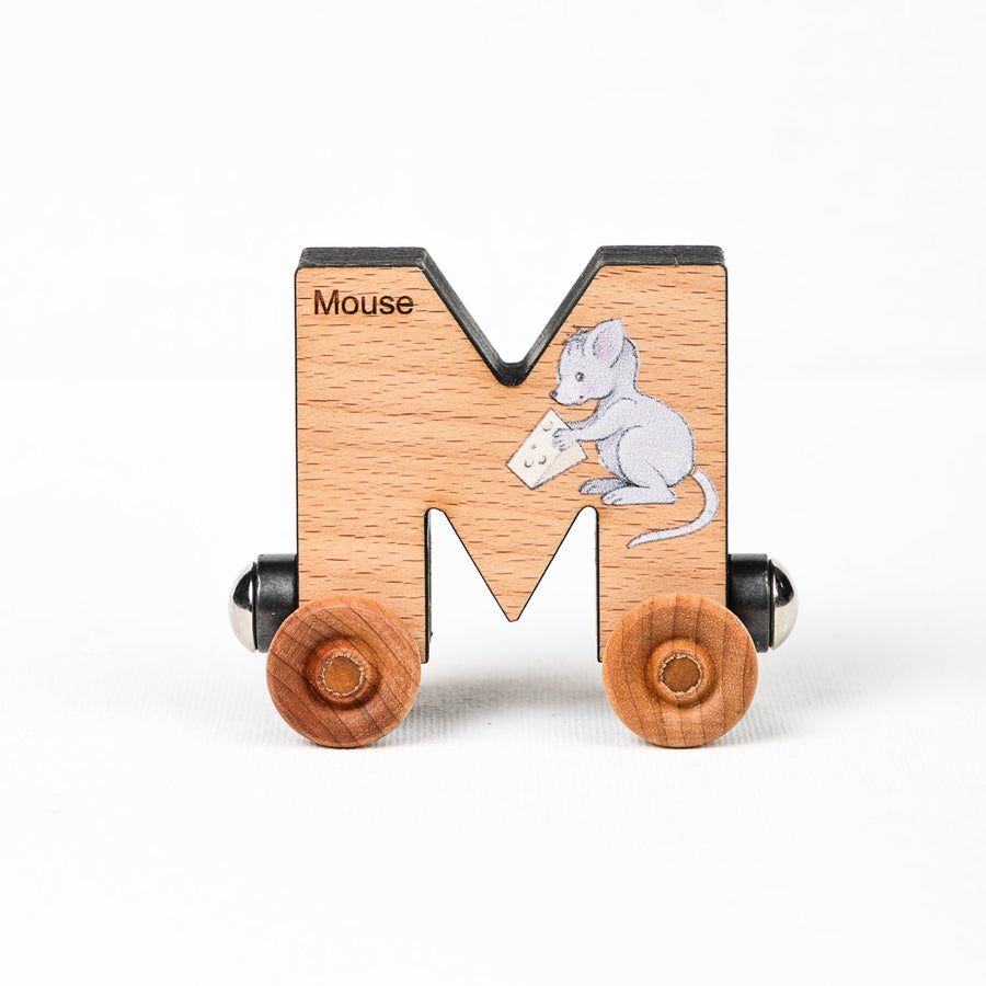 Wooden alphabet train letter M car with an animal illustration and wheels